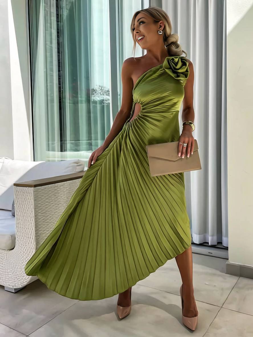 Drune | Langes Ein-Schulter Plisseekleid Ärmellos Weiblich Elegant Casual Prom Strand