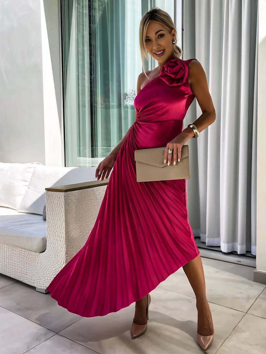 Drune | Langes Ein-Schulter Plisseekleid Ärmellos Weiblich Elegant Casual Prom Strand