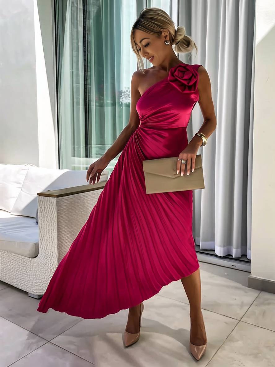 Drune | Langes Ein-Schulter Plisseekleid Ärmellos Weiblich Elegant Casual Prom Strand