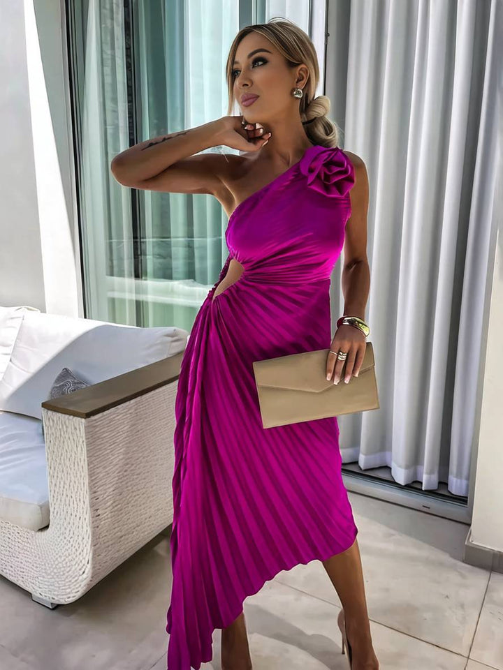 Drune | Langes Ein-Schulter Plisseekleid Ärmellos Weiblich Elegant Casual Prom Strand