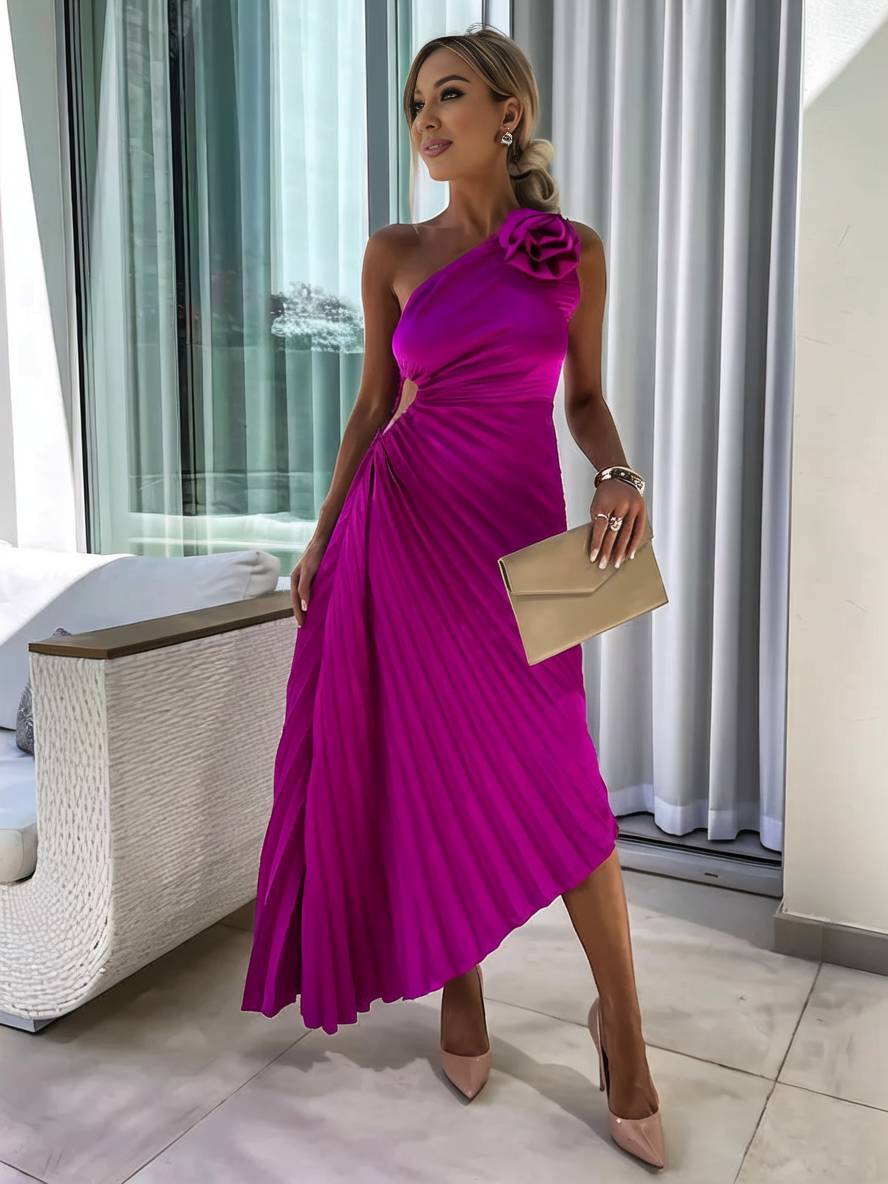 Drune | Langes Ein-Schulter Plisseekleid Ärmellos Weiblich Elegant Casual Prom Strand