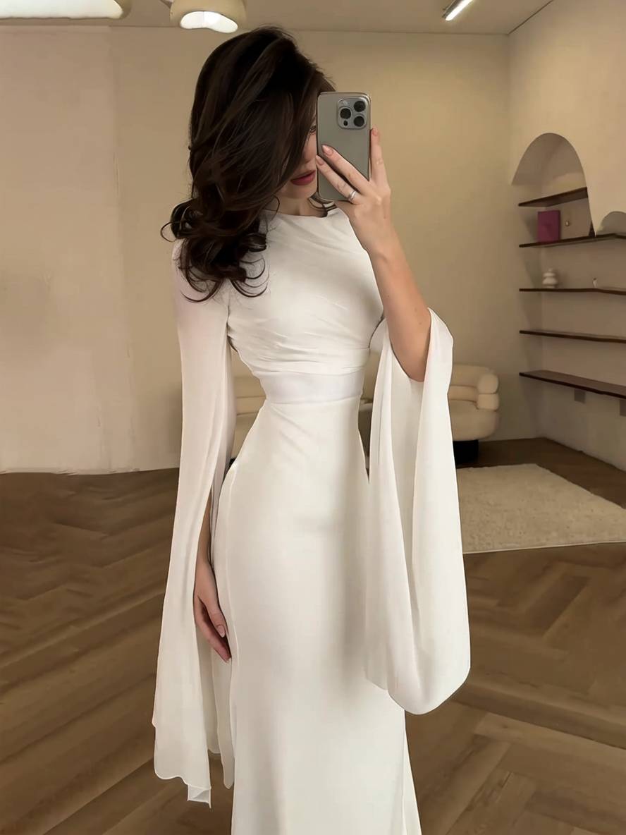 Drune | Langes Satin Kleid Enger Runder Ausschnitt Gesplittete Ärmel Lange Ärmel Damen Elegant Abend Ball Prom Zeremonie