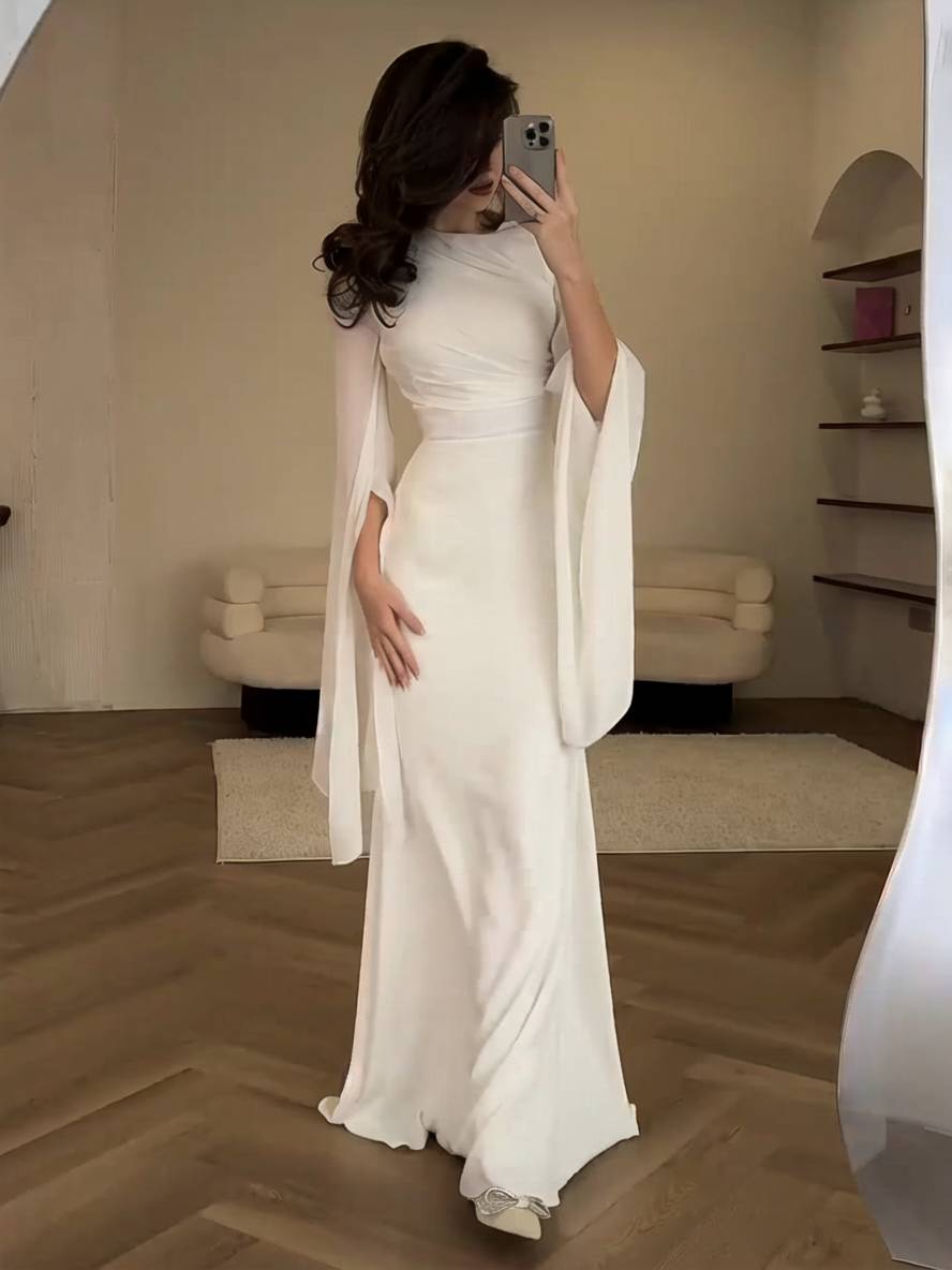 Drune | Langes Satin Kleid Enger Runder Ausschnitt Gesplittete Ärmel Lange Ärmel Damen Elegant Abend Ball Prom Zeremonie