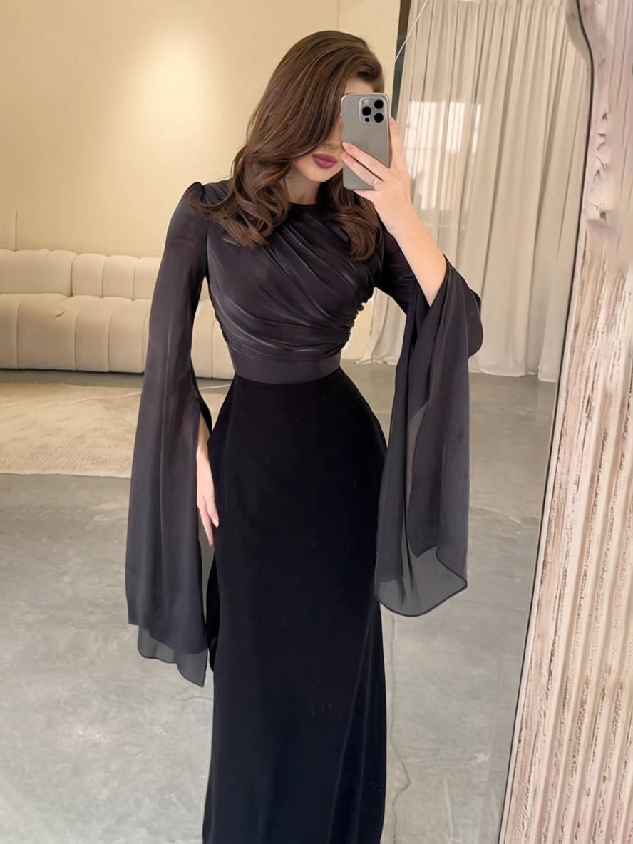Drune | Langes Satin Kleid Enger Runder Ausschnitt Gesplittete Ärmel Lange Ärmel Damen Elegant Abend Ball Prom Zeremonie