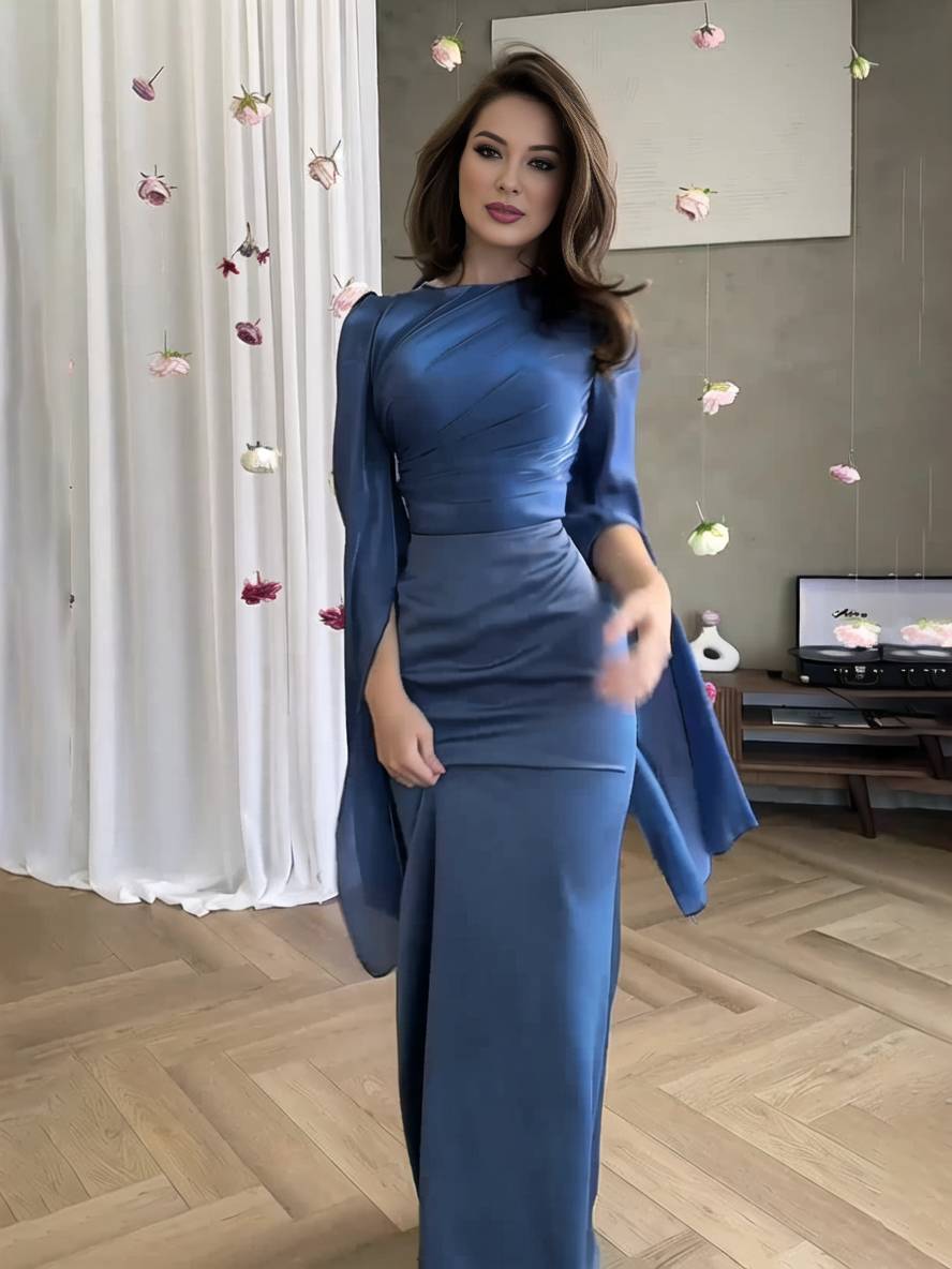 Drune | Langes Satin Kleid Enger Runder Ausschnitt Gesplittete Ärmel Lange Ärmel Damen Elegant Abend Ball Prom Zeremonie