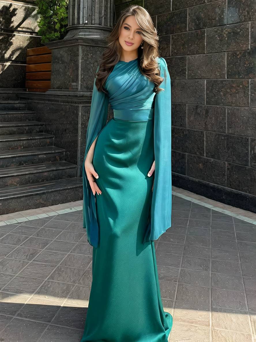 Drune | Langes Satin Kleid Enger Runder Ausschnitt Gesplittete Ärmel Lange Ärmel Damen Elegant Abend Ball Prom Zeremonie