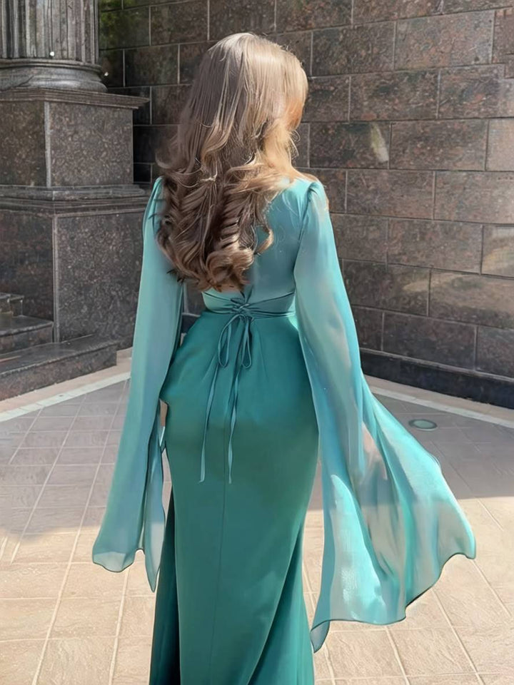 Drune | Langes Satin Kleid Enger Runder Ausschnitt Gesplittete Ärmel Lange Ärmel Damen Elegant Abend Ball Prom Zeremonie