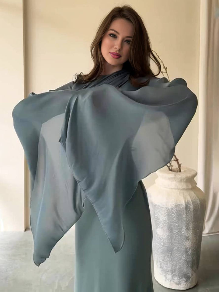 Drune | Langes Satin Kleid Enger Runder Ausschnitt Gesplittete Ärmel Lange Ärmel Damen Elegant Abend Ball Prom Zeremonie