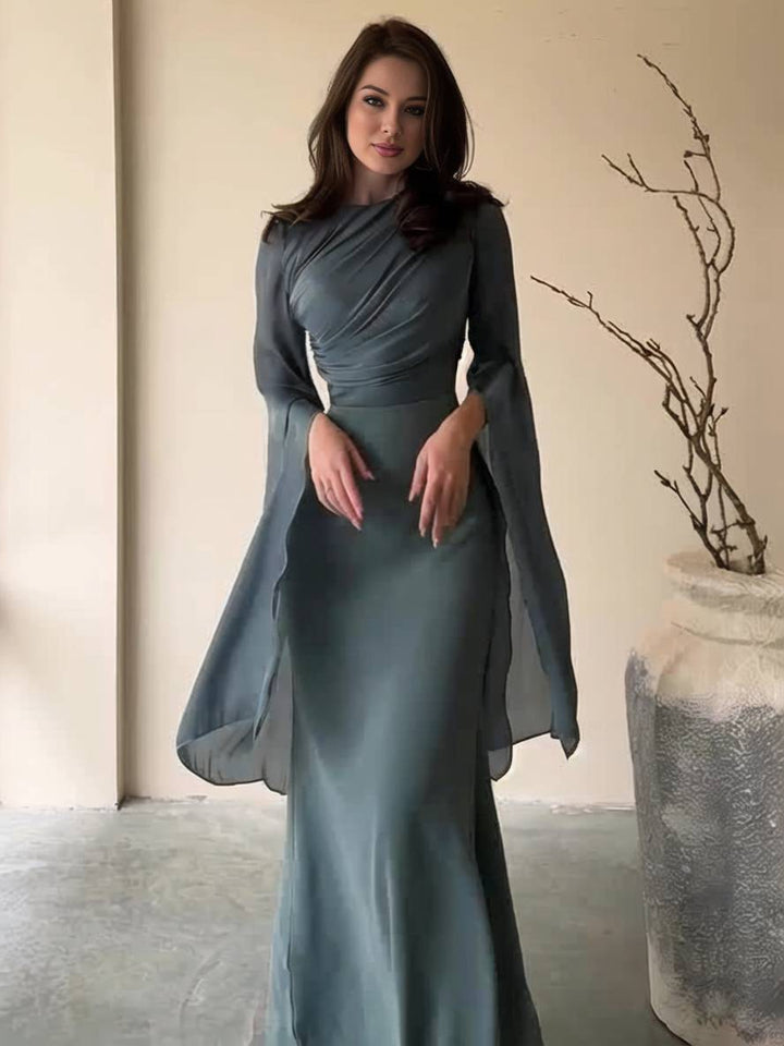 Drune | Langes Satin Kleid Enger Runder Ausschnitt Gesplittete Ärmel Lange Ärmel Damen Elegant Abend Ball Prom Zeremonie