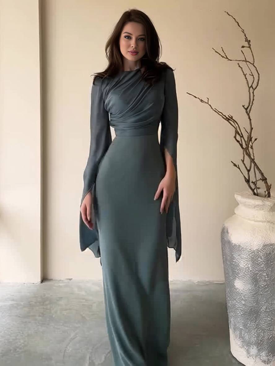 Drune | Langes Satin Kleid Enger Runder Ausschnitt Gesplittete Ärmel Lange Ärmel Damen Elegant Abend Ball Prom Zeremonie