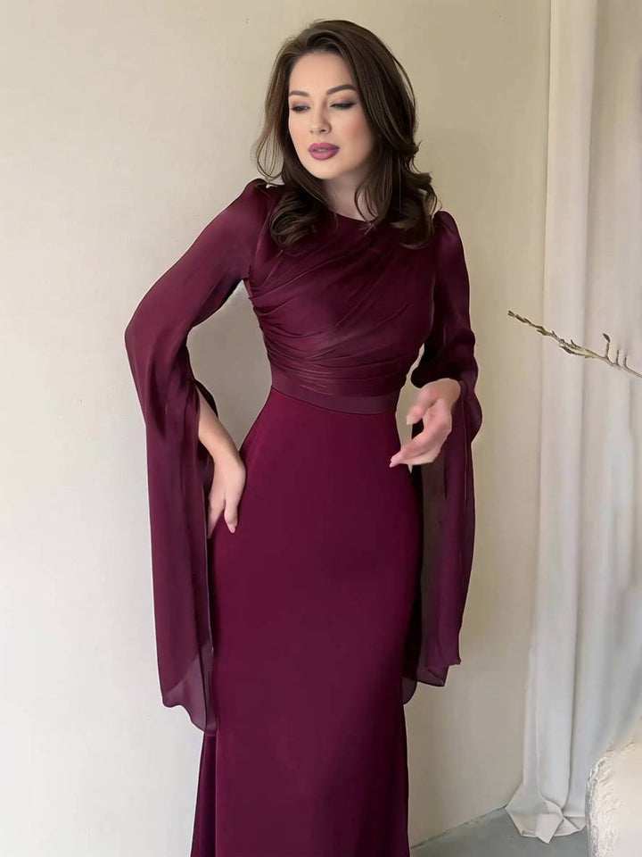 Drune | Langes Satin Kleid Enger Runder Ausschnitt Gesplittete Ärmel Lange Ärmel Damen Elegant Abend Ball Prom Zeremonie