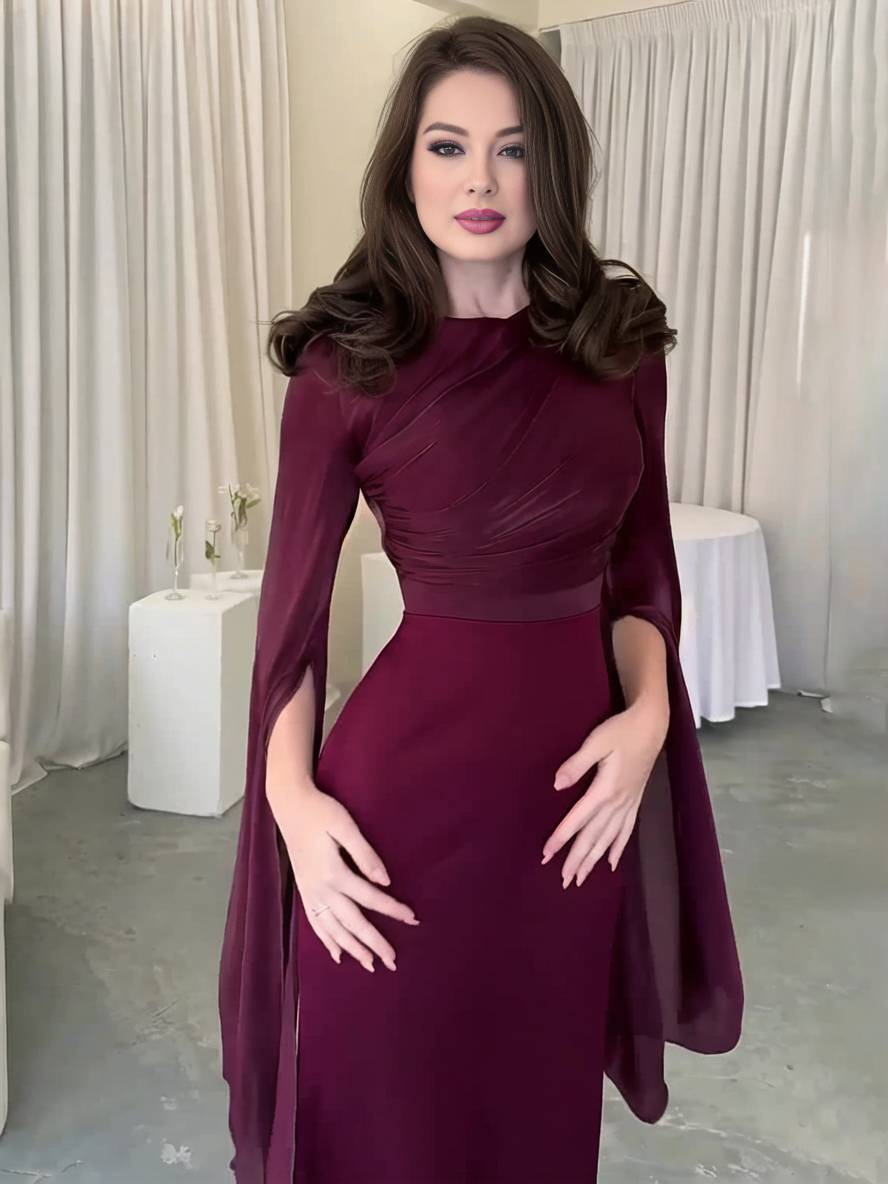 Drune | Langes Satin Kleid Enger Runder Ausschnitt Gesplittete Ärmel Lange Ärmel Damen Elegant Abend Ball Prom Zeremonie