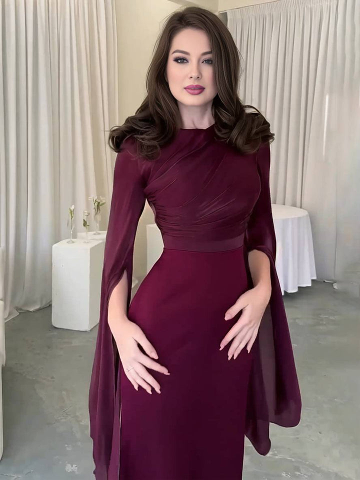 Drune | Langes Satin Kleid Enger Runder Ausschnitt Gesplittete Ärmel Lange Ärmel Damen Elegant Abend Ball Prom Zeremonie