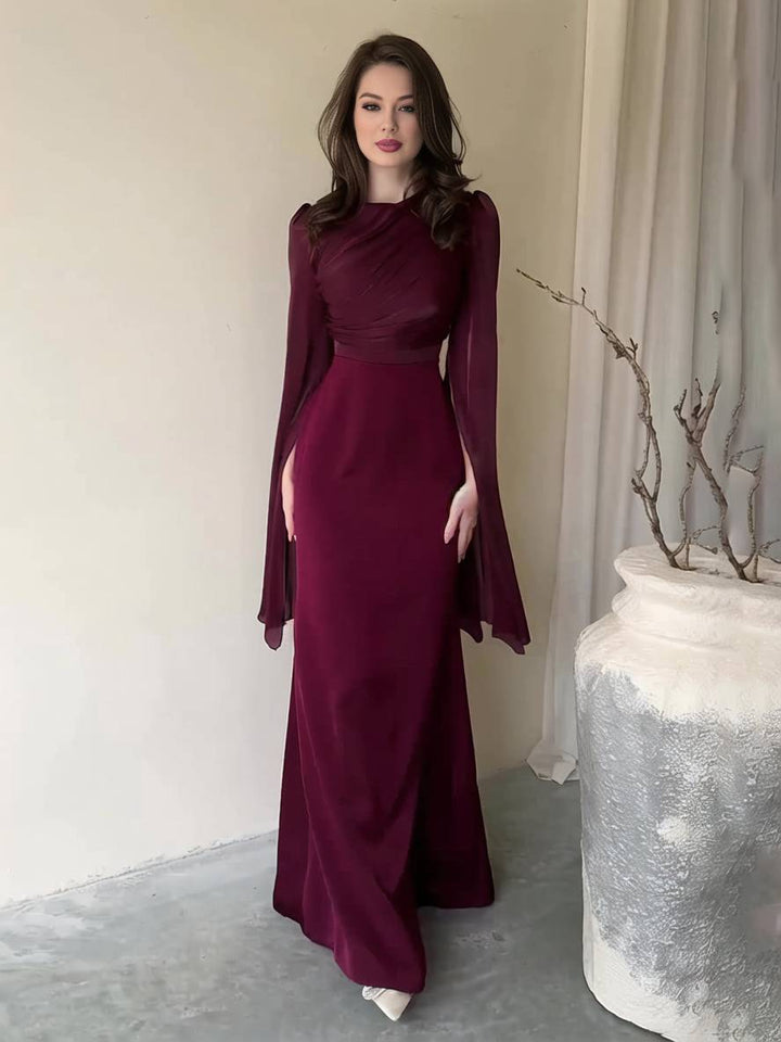 Drune | Langes Satin Kleid Enger Runder Ausschnitt Gesplittete Ärmel Lange Ärmel Damen Elegant Abend Ball Prom Zeremonie