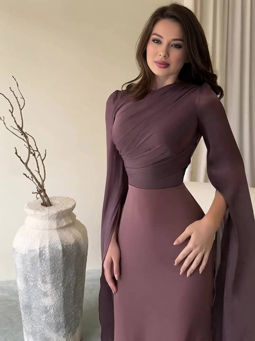 Drune | Langes Satin Kleid Enger Runder Ausschnitt Gesplittete Ärmel Lange Ärmel Damen Elegant Abend Ball Prom Zeremonie