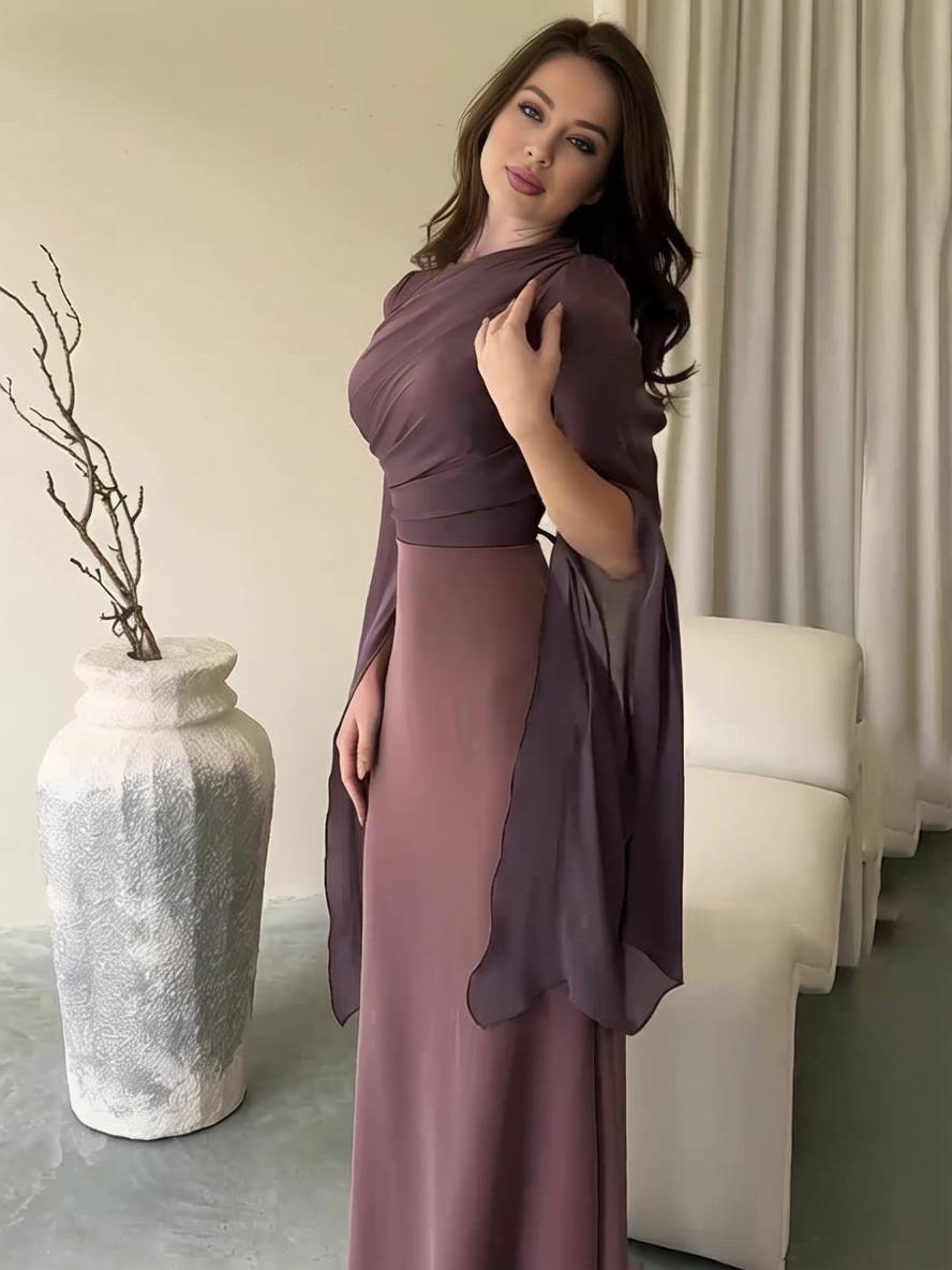Drune | Langes Satin Kleid Enger Runder Ausschnitt Gesplittete Ärmel Lange Ärmel Damen Elegant Abend Ball Prom Zeremonie
