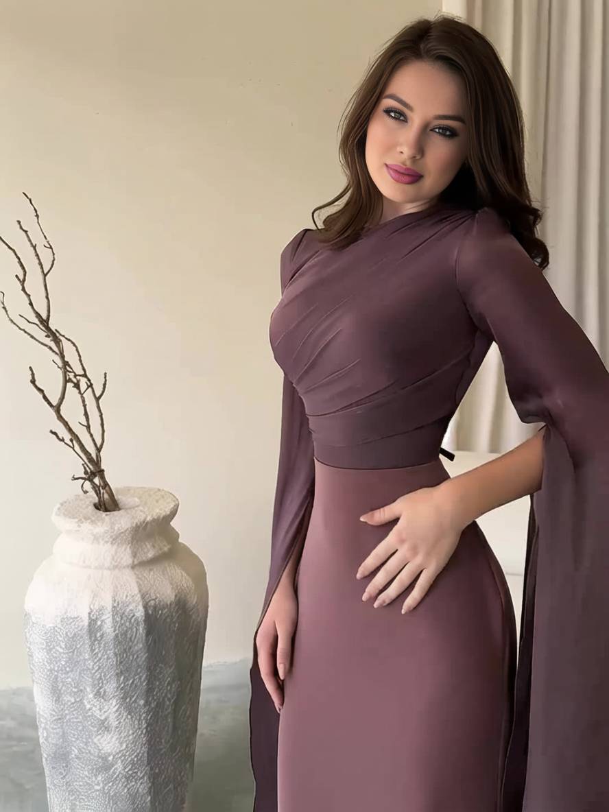 Drune | Langes Satin Kleid Enger Runder Ausschnitt Gesplittete Ärmel Lange Ärmel Damen Elegant Abend Ball Prom Zeremonie