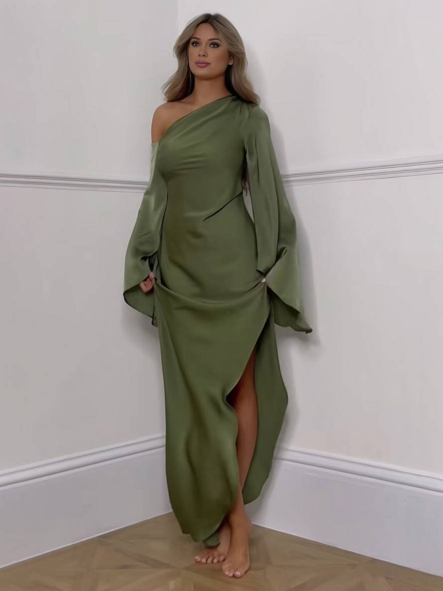 Drune | Langes Ein Schulter Spaltenkleid Seide Trompetenärmel Lange Ärmel Damen Elegantes Abschlussballkleid