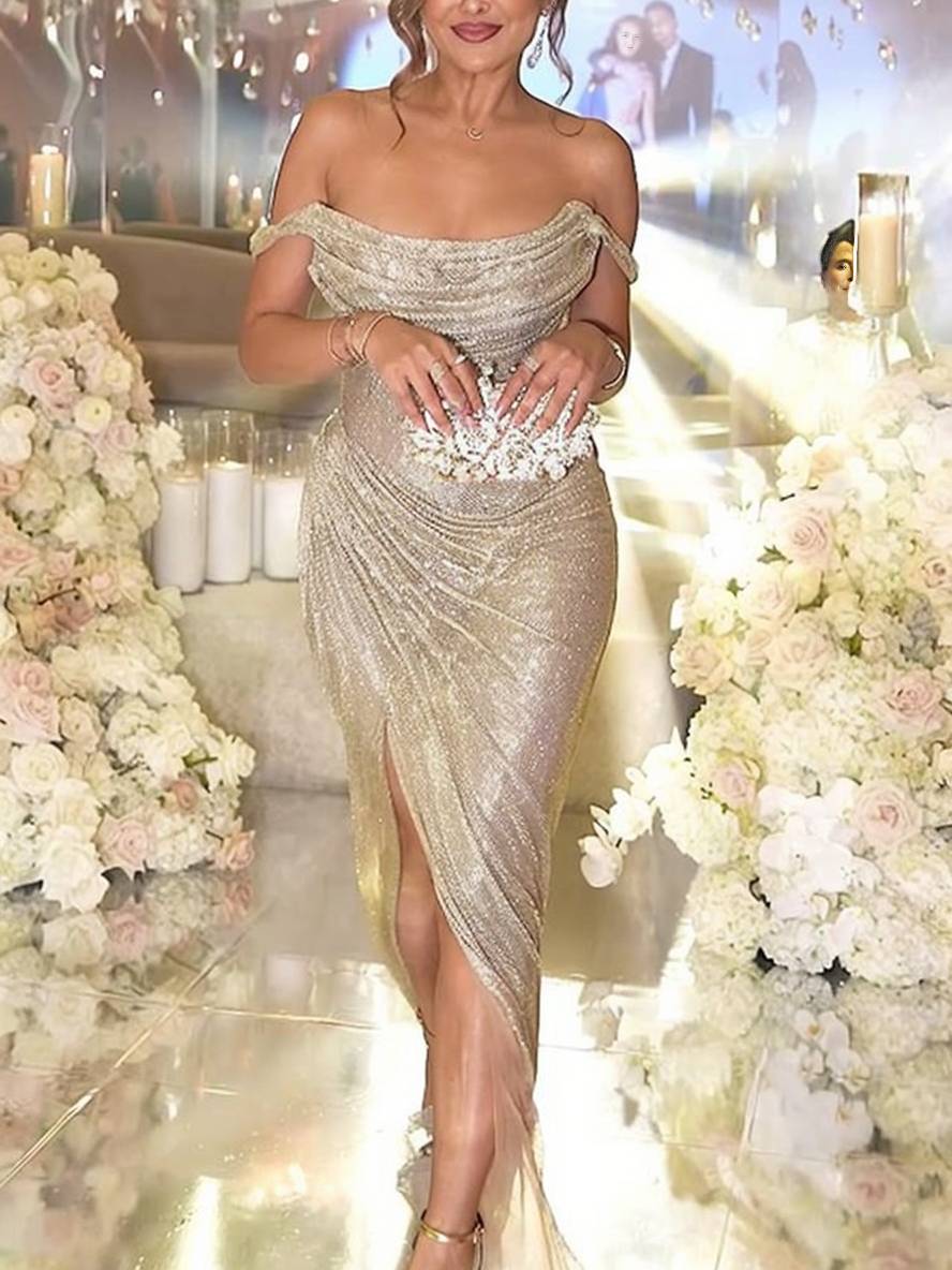 Drune | Langes Kleid Glänzende Pailletten Boot-Ausschnitt Unregelmäßiger Schlitz Seitlich Ärmellos Elegant Abend für Hochzeit