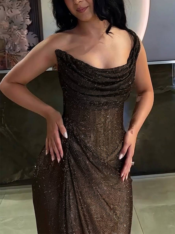 Drune | Langes Fitted Unregelmäßiges Seitenriss Ärmellos Elegant Damen Ball Prom Abendkleid