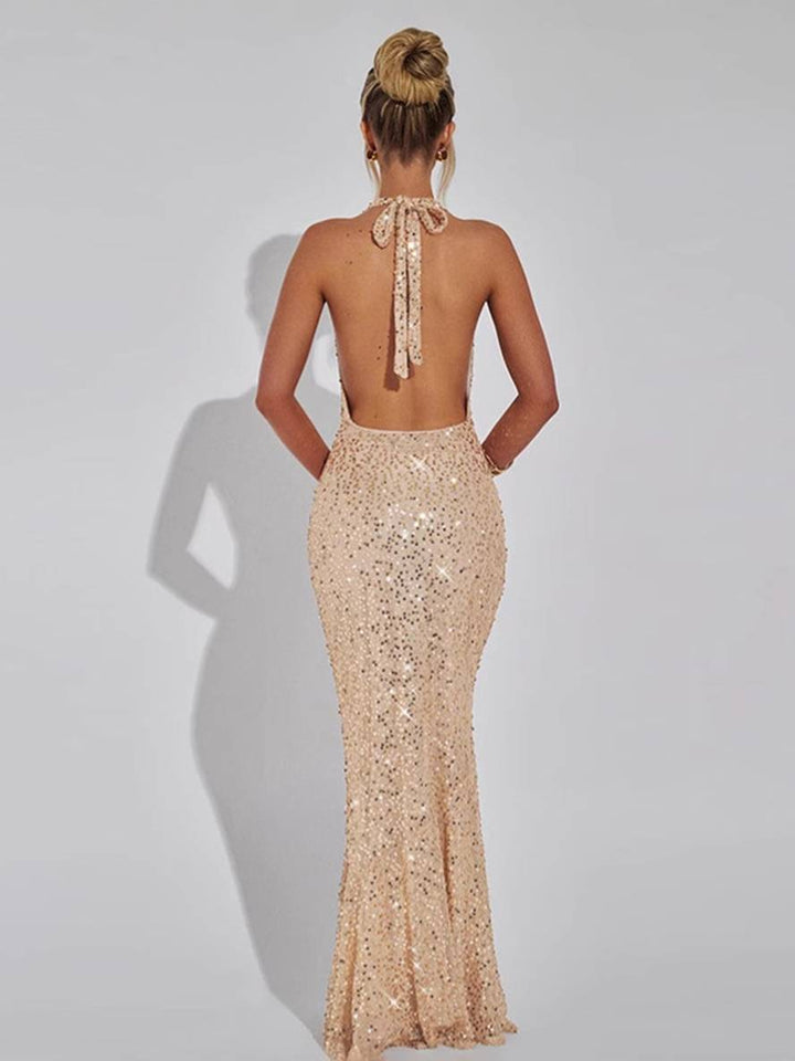 Drune | Langes Glänzendes Pailletten Meerjungfrau Kleid mit Tiefem Ausschnitt Neckholder Rückenfrei Ärmellos Damen Elegantes Abendkleid