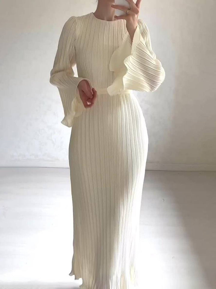 Drune | Langes Fließendes Kleid Gürtel Rundhals Trompetenärmel Elegant Prom Abend