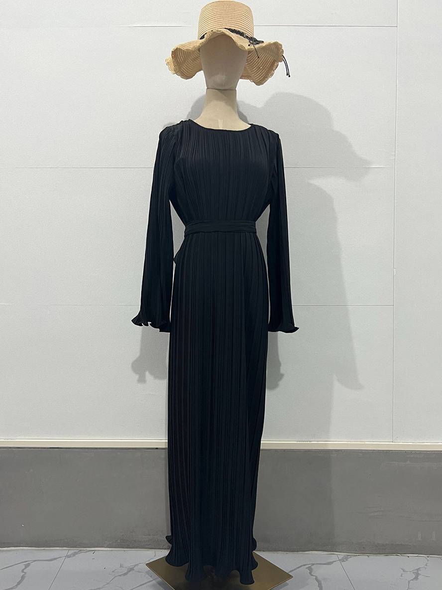Drune | Langes Fließendes Kleid Gürtel Rundhals Trompetenärmel Elegant Prom Abend