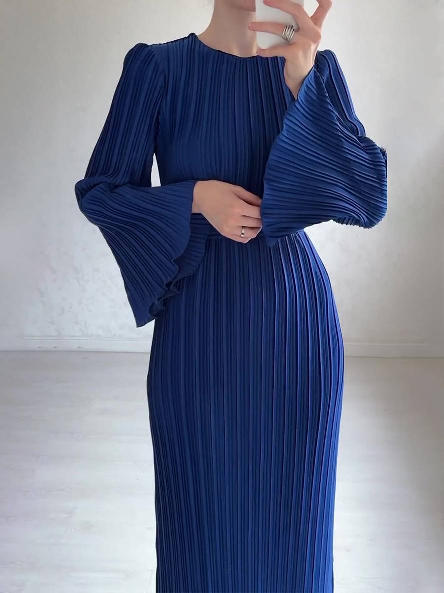 Drune | Langes Fließendes Kleid Gürtel Rundhals Trompetenärmel Elegant Prom Abend
