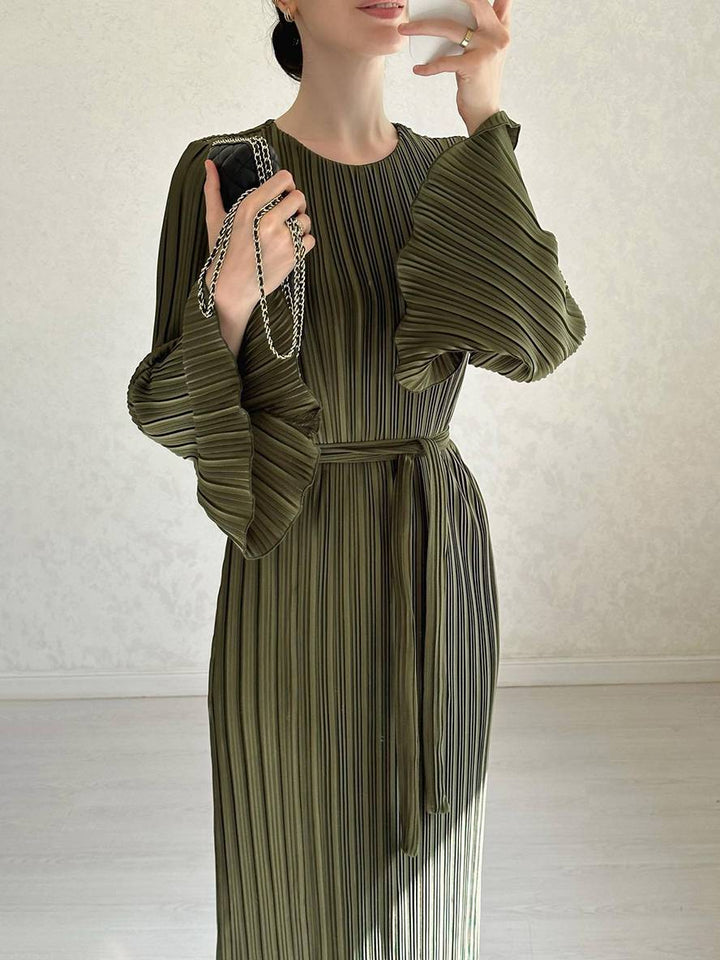 Drune | Langes Fließendes Kleid Gürtel Rundhals Trompetenärmel Elegant Prom Abend