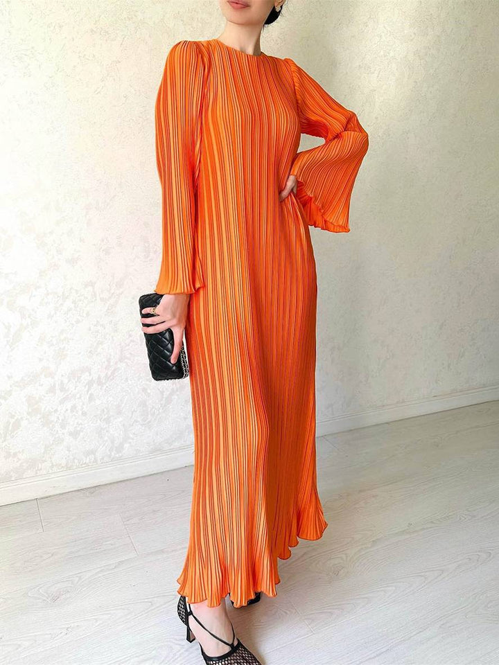 Drune | Langes Fließendes Kleid Gürtel Rundhals Trompetenärmel Elegant Prom Abend
