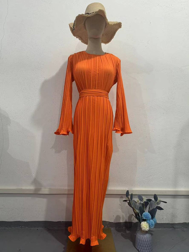 Drune | Langes Fließendes Kleid Gürtel Rundhals Trompetenärmel Elegant Prom Abend