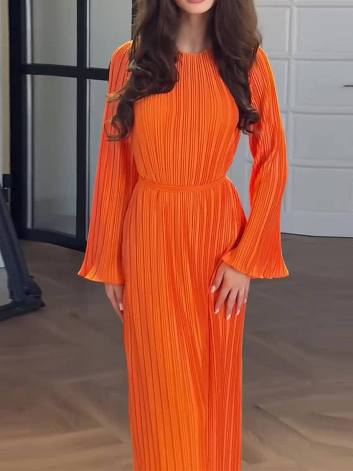 Drune | Langes Fließendes Kleid Gürtel Rundhals Trompetenärmel Elegant Prom Abend