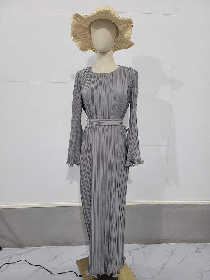Drune | Langes Fließendes Kleid Gürtel Rundhals Trompetenärmel Elegant Prom Abend