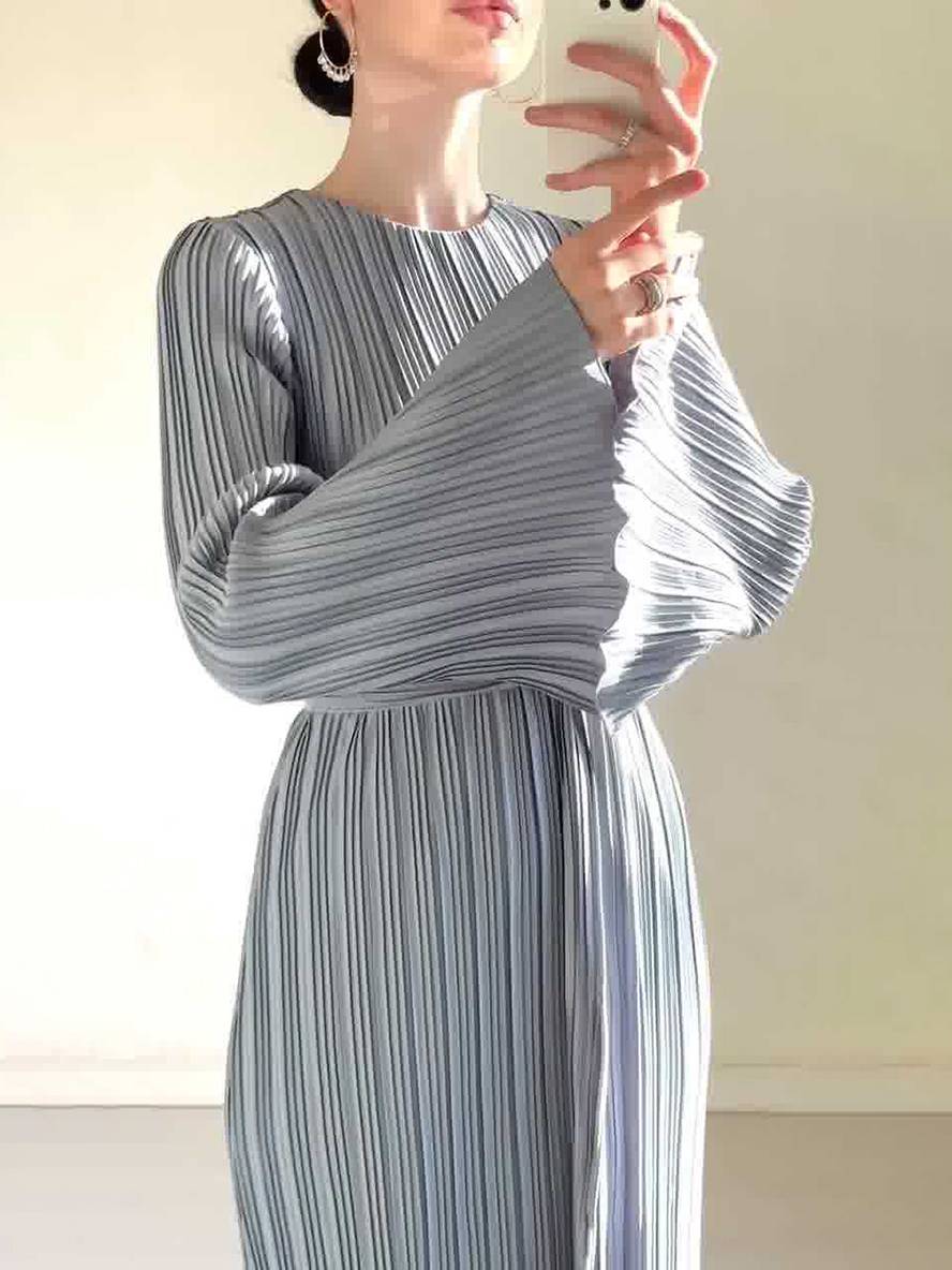 Drune | Langes Fließendes Kleid Gürtel Rundhals Trompetenärmel Elegant Prom Abend