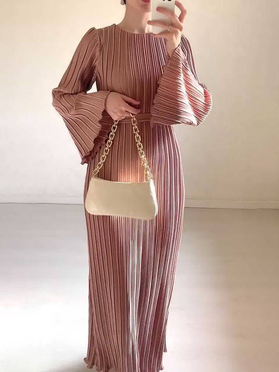 Drune | Langes Fließendes Kleid Gürtel Rundhals Trompetenärmel Elegant Prom Abend