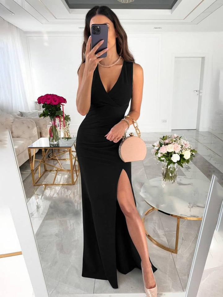 Drune | V-Ausschnitt Kleid Langer Schlitz An Der Seite Ärmellos Frau Elegante Abend Gäste Hochzeit