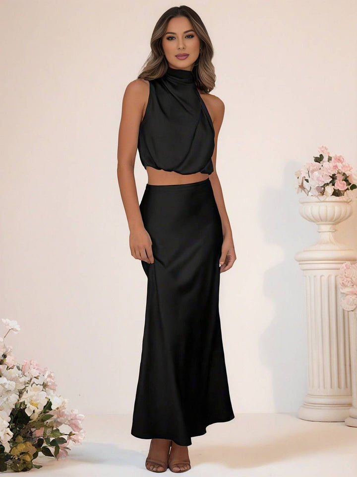 Drune | Brautjungfernkleid Satin Rollkragen Ohne Ärmel Cropped Langer Rock Damen Elegant Trauzeugin Kleid
