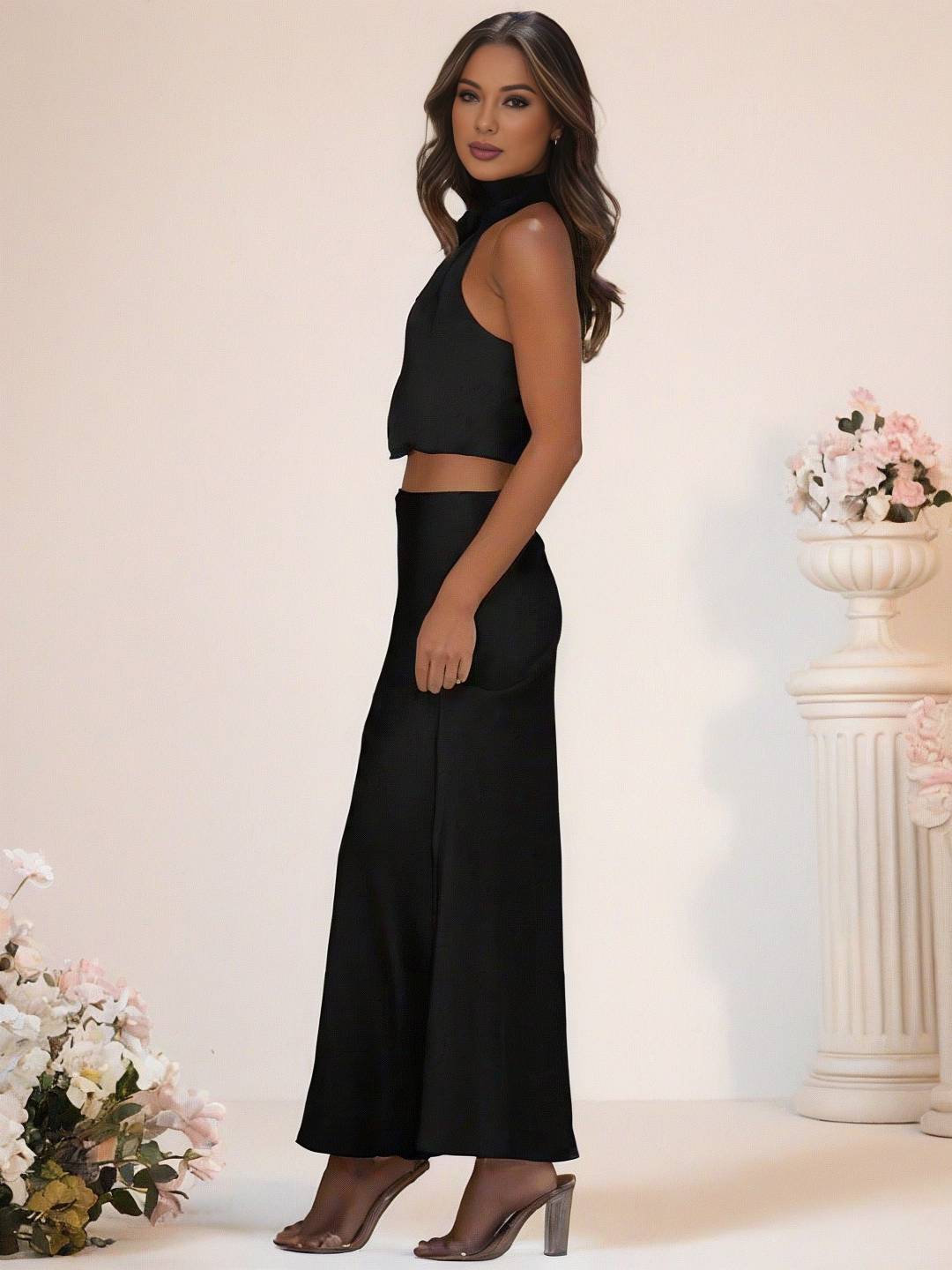 Drune | Brautjungfernkleid Satin Rollkragen Ohne Ärmel Cropped Langer Rock Damen Elegant Trauzeugin Kleid