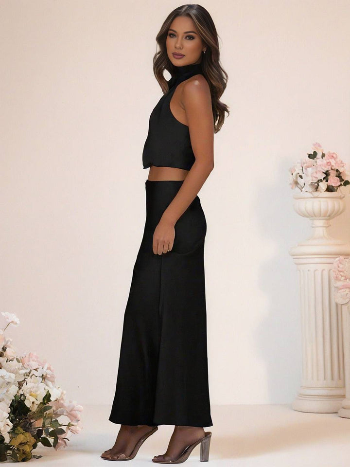 Drune | Brautjungfernkleid Satin Rollkragen Ohne Ärmel Cropped Langer Rock Damen Elegant Trauzeugin Kleid