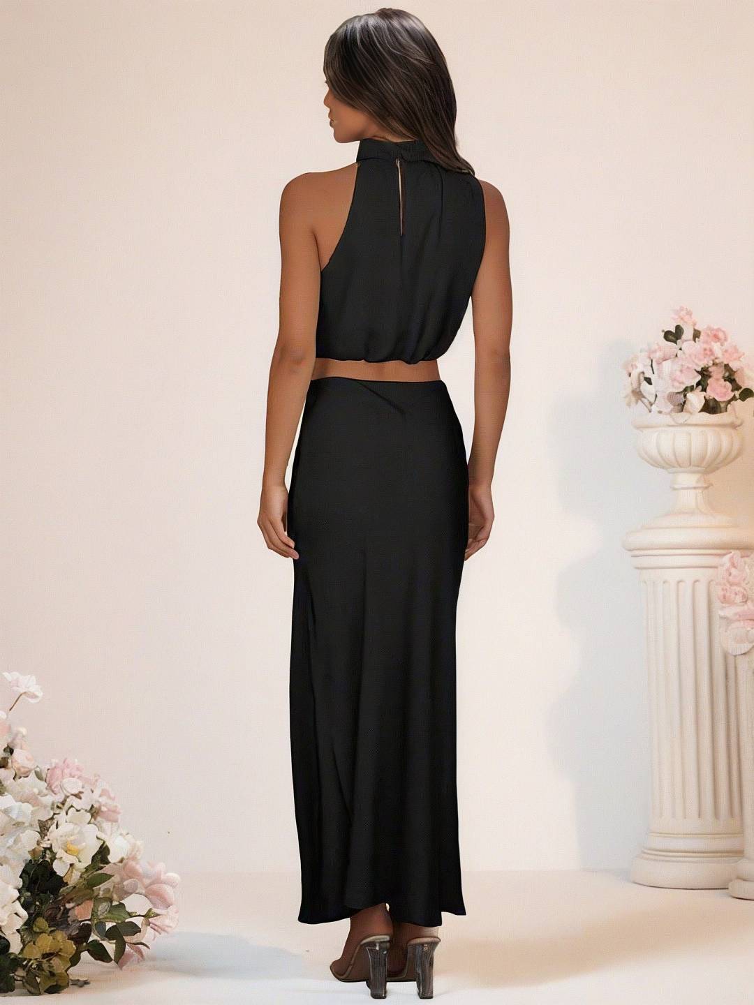 Drune | Brautjungfernkleid Satin Rollkragen Ohne Ärmel Cropped Langer Rock Damen Elegant Trauzeugin Kleid