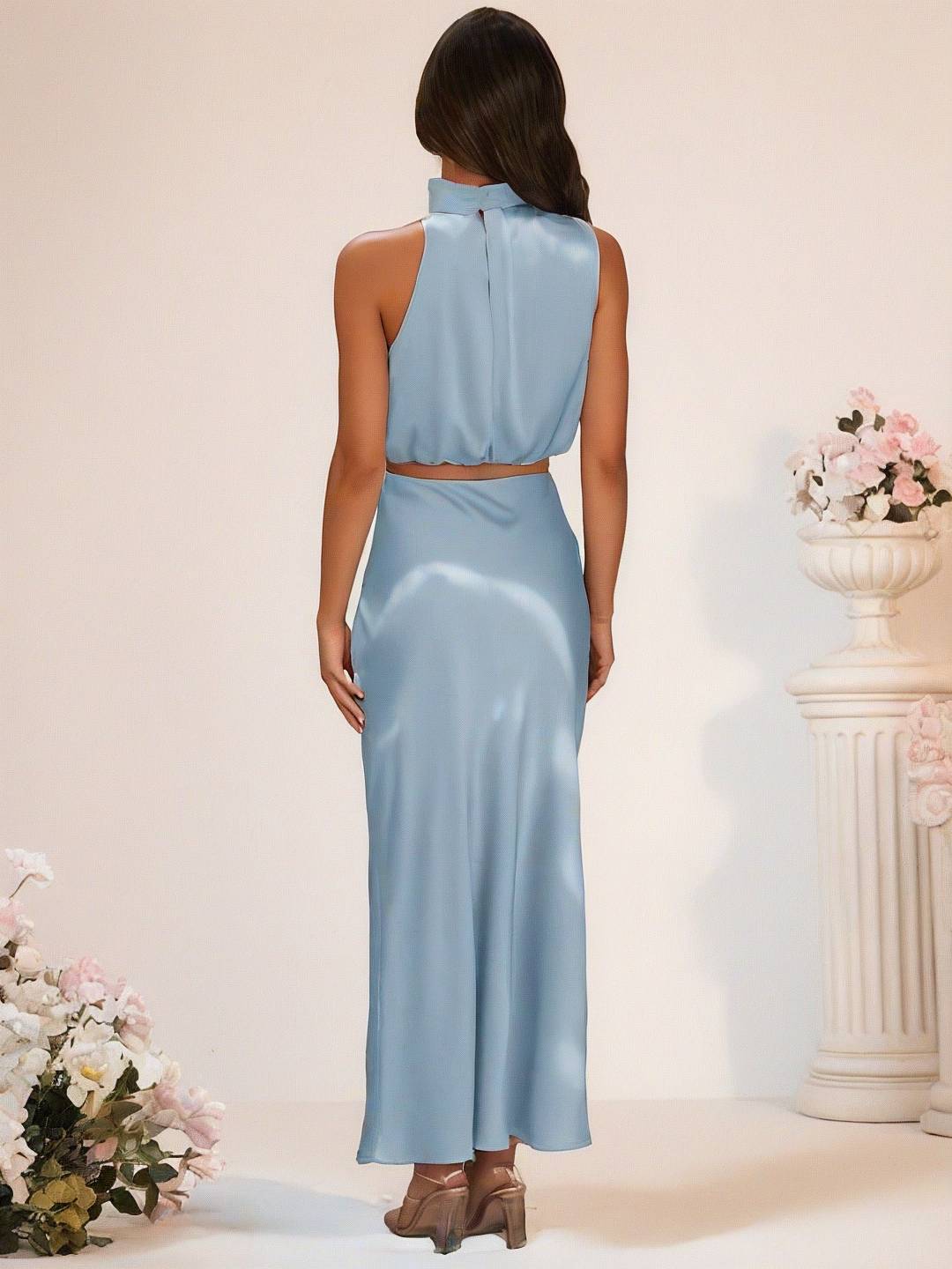 Drune | Brautjungfernkleid Satin Rollkragen Ohne Ärmel Cropped Langer Rock Damen Elegant Trauzeugin Kleid