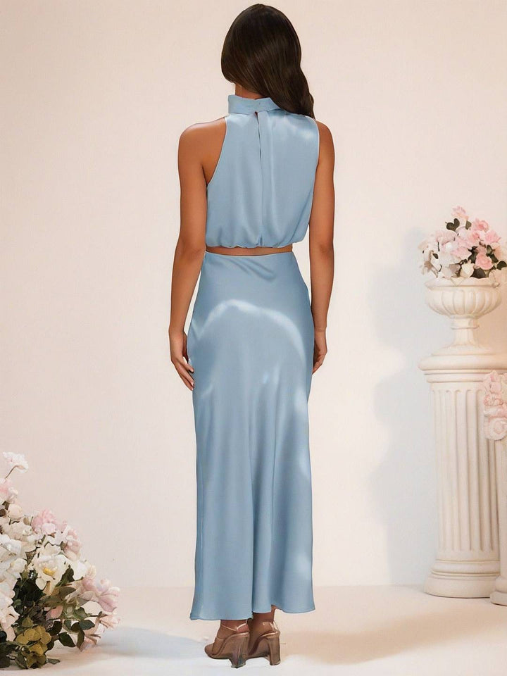 Drune | Brautjungfernkleid Satin Rollkragen Ohne Ärmel Cropped Langer Rock Damen Elegant Trauzeugin Kleid