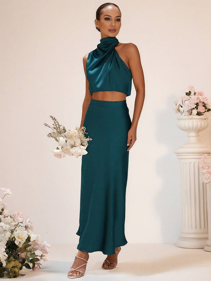 Drune | Brautjungfernkleid Satin Rollkragen Ohne Ärmel Cropped Langer Rock Damen Elegant Trauzeugin Kleid