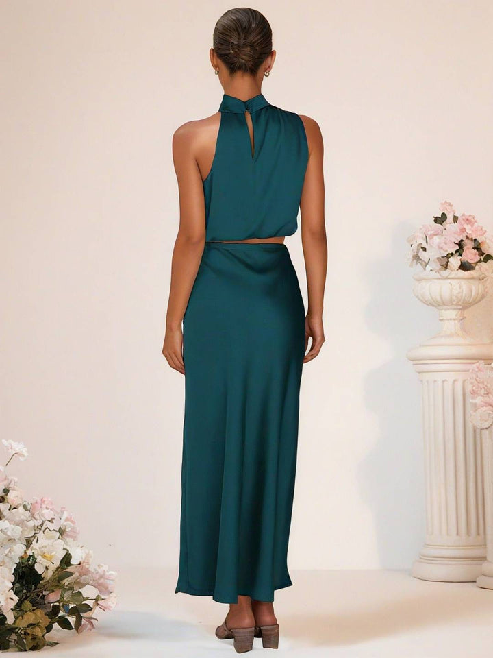 Drune | Brautjungfernkleid Satin Rollkragen Ohne Ärmel Cropped Langer Rock Damen Elegant Trauzeugin Kleid