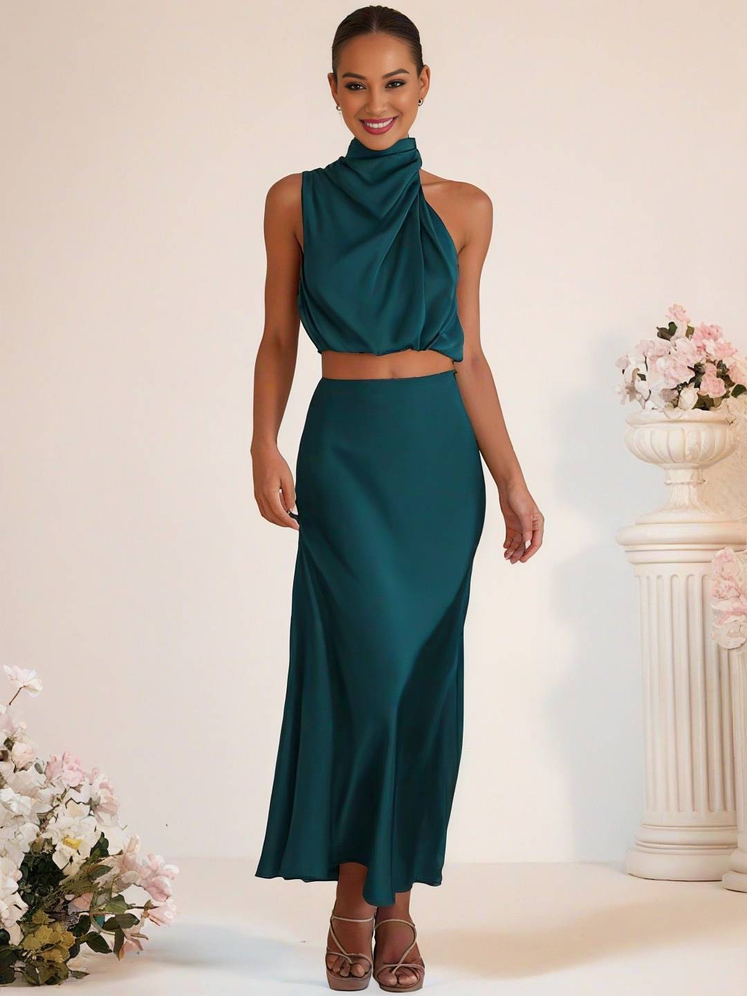 Drune | Brautjungfernkleid Satin Rollkragen Ohne Ärmel Cropped Langer Rock Damen Elegant Trauzeugin Kleid