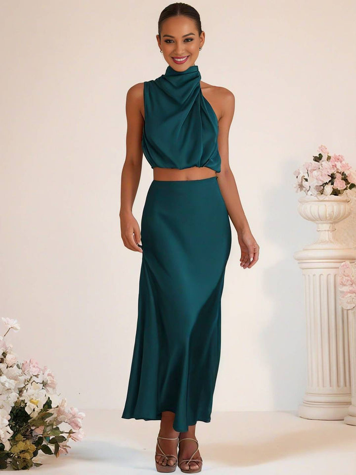 Drune | Brautjungfernkleid Satin Rollkragen Ohne Ärmel Cropped Langer Rock Damen Elegant Trauzeugin Kleid