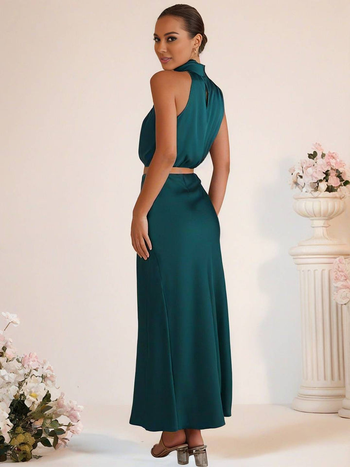 Drune | Brautjungfernkleid Satin Rollkragen Ohne Ärmel Cropped Langer Rock Damen Elegant Trauzeugin Kleid