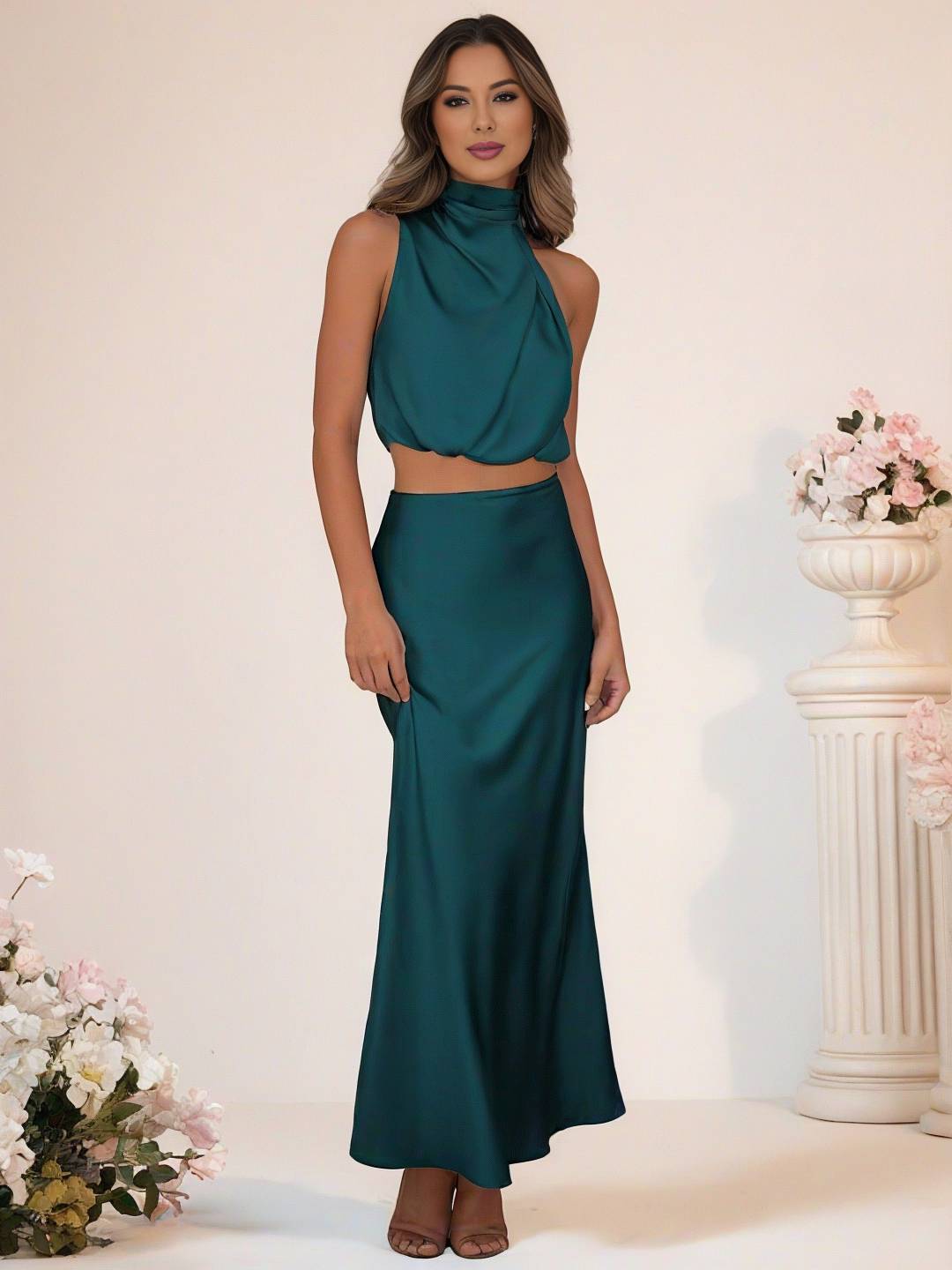 Drune | Brautjungfernkleid Satin Rollkragen Ohne Ärmel Cropped Langer Rock Damen Elegant Trauzeugin Kleid