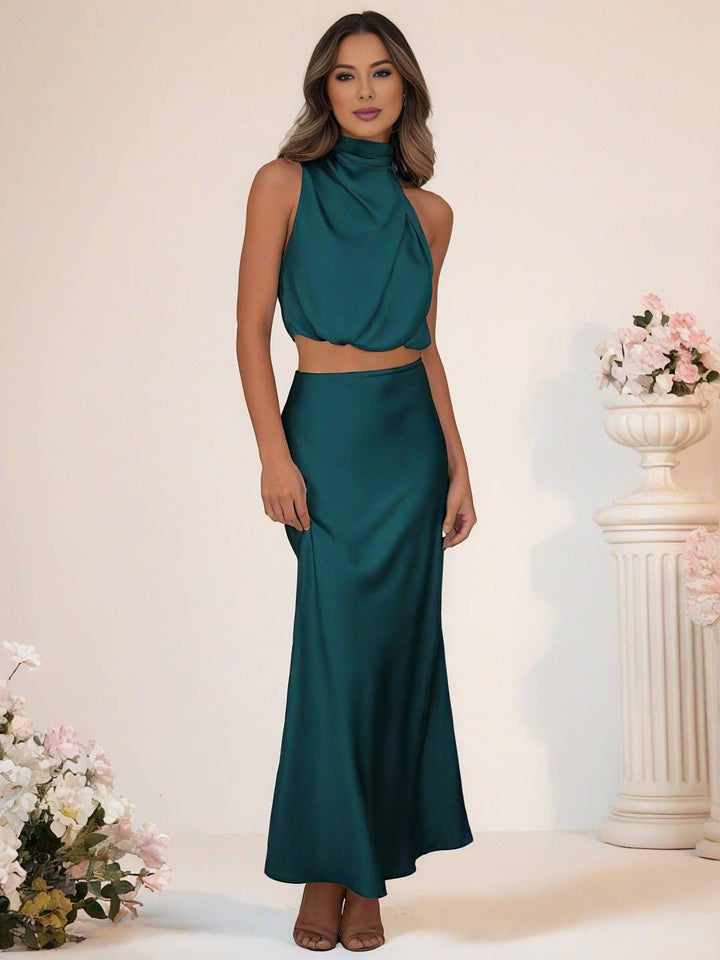Drune | Brautjungfernkleid Satin Rollkragen Ohne Ärmel Cropped Langer Rock Damen Elegant Trauzeugin Kleid