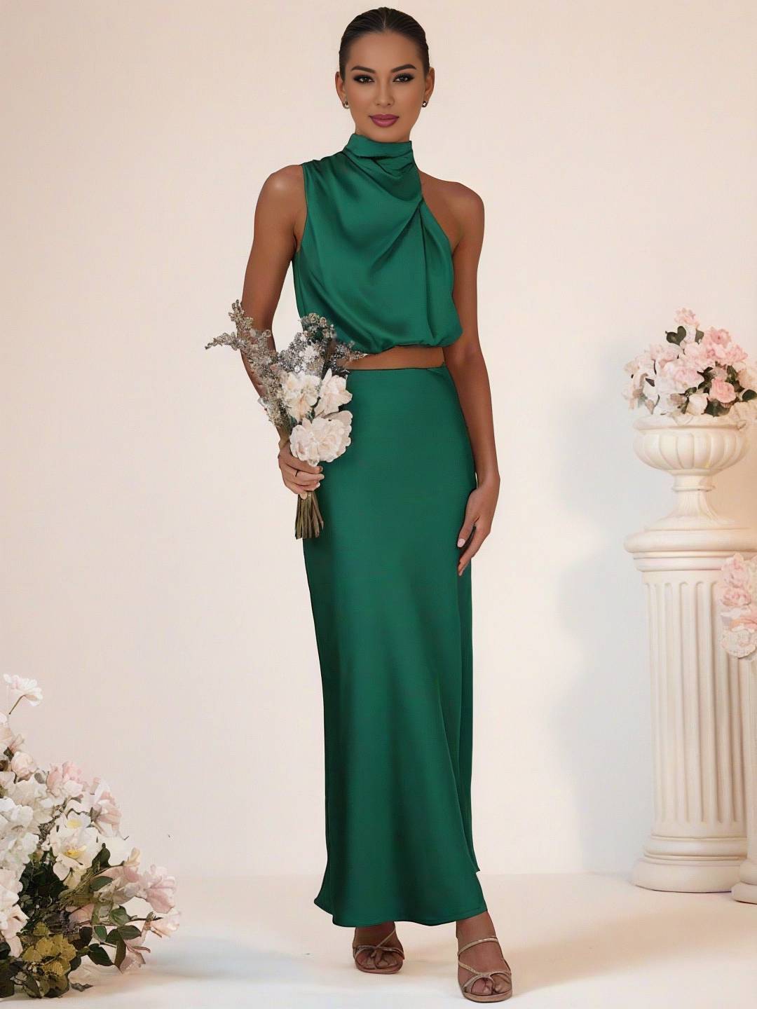 Drune | Brautjungfernkleid Satin Rollkragen Ohne Ärmel Cropped Langer Rock Damen Elegant Trauzeugin Kleid